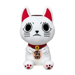 Gato maneki-neko da Velha Turbo em pelúcia, de Dandadan, branco com detalhes vermelhos