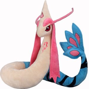Pelúcia longa do Milotic, de Pokémon, com corpo bege, cauda azul e rosa e antenas rosas