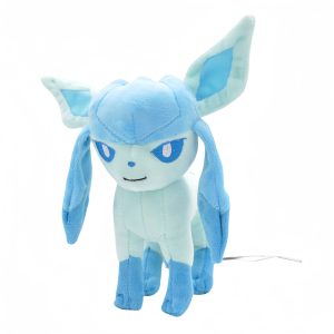 Glaceon de pelúcia, de Pokémon, com 15 cm, azul-claro e patas azuis, em pé sobre fundo branco