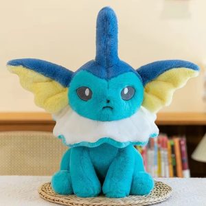 Vaporeon de pelúcia, de Pokémon, com 42 cm, azul-turquesa e gola branca, sentado numa esteira