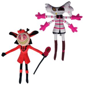 Pelúcias do Alastor, de terno vermelho com bengala, e do Angel Dust, de Hazbin Hotel, lado a lado