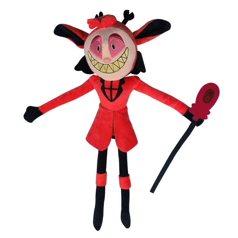 Pelúcia do Alastor, de Hazbin Hotel, com terno vermelho, sorriso aberto e bengala