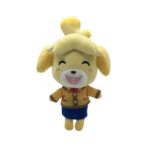 Isabelle em pelúcia, de pé, com jaqueta amarela e saia azul, de Animal Crossing