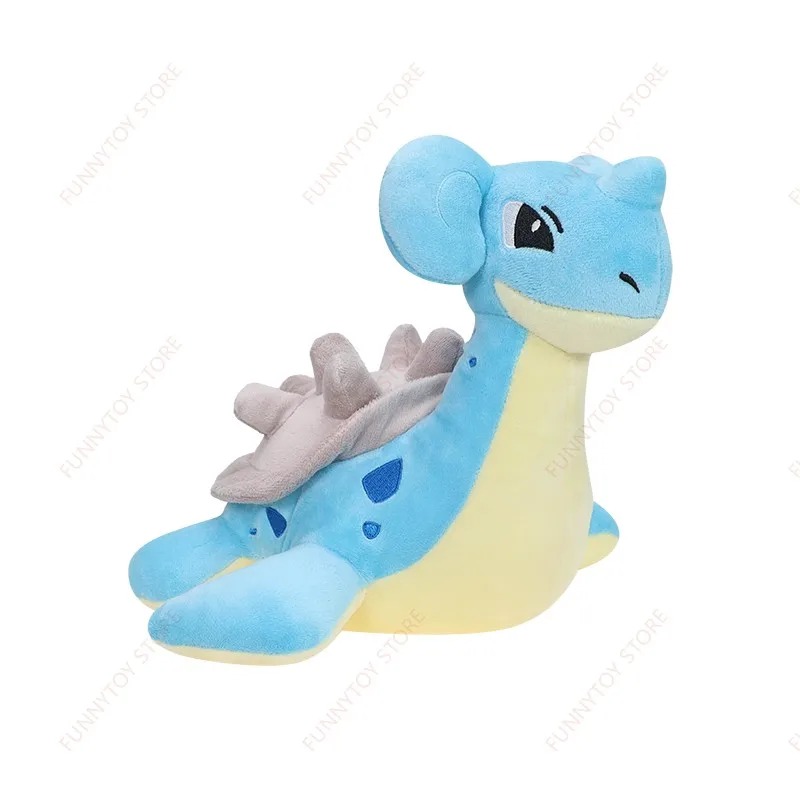 Lapras de Pokémon em pelúcia, de lado, com pescoço longo e casco cinza de espinhos