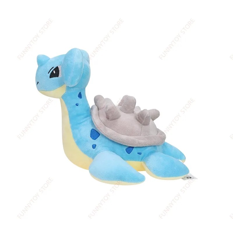 Lapras de Pokémon em pelúcia, de perfil, com o casco e as nadadeiras