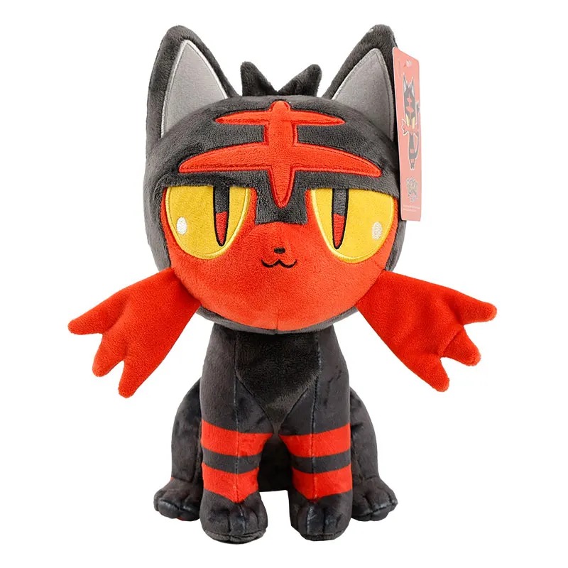 Litten de pelúcia, de Pokémon, com 22 cm, cinza-escuro, rosto laranja e olhos amarelos, sentado