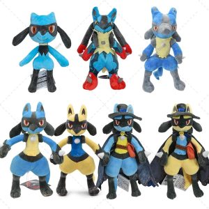 Sete pelúcias de Riolu e Lucario, com Mega Lucario vermelho e Lucario Shiny cinza, Pokémon