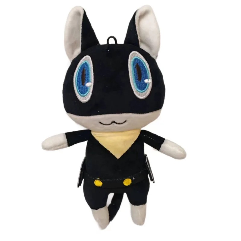 Morgana, de Persona 5, em pelúcia de gato preto com olhos azuis e lenço amarelo, sobre fundo branco