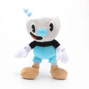 Pelúcia do Mugman, de Cuphead, de frente, com cabeça de xícara, nariz azul e macacão azul