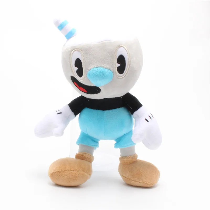 Pelúcia do Mugman, de Cuphead, de frente, com cabeça de xícara, nariz azul e macacão azul