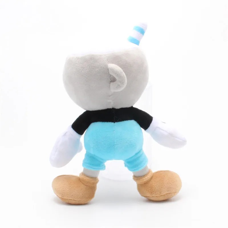 Pelúcia do Mugman, de Cuphead, de costas, com a asa da xícara