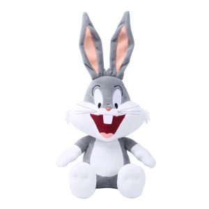 Pelúcia do Pernalonga, dos Looney Tunes, sentado, cinza e branco, de orelhas compridas e sorriso