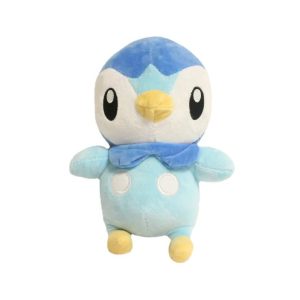 Piplup de Pokémon em pelúcia, de frente, com corpo azul, rosto branco e bico amarelo