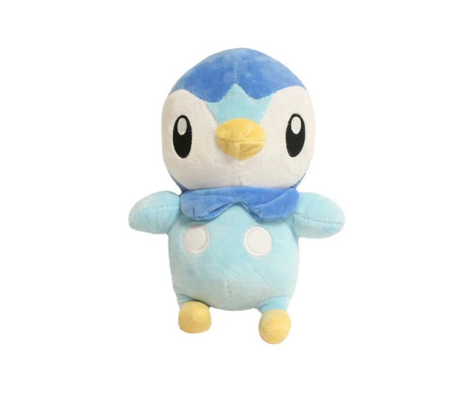 Piplup de Pokémon em pelúcia, de frente, com corpo azul, rosto branco e bico amarelo