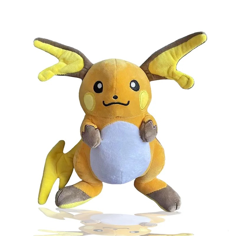 Raichu de pelúcia, de Pokémon, laranja, barriga azul-clara, em pé, com cauda em forma de raio