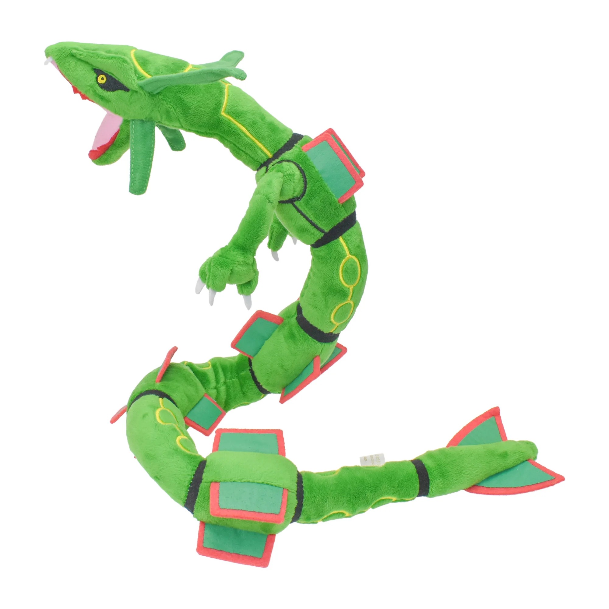 Rayquaza de pelúcia, de Pokémon, verde com detalhes amarelos e nadadeiras vermelhas, de lado