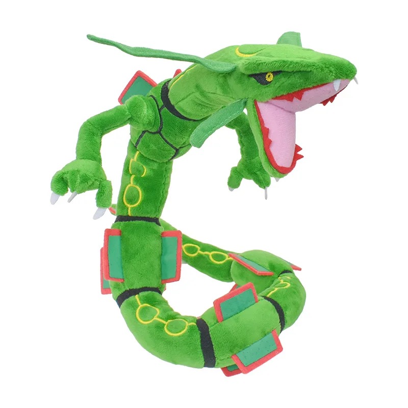 Rayquaza de pelúcia, de Pokémon, verde com a cauda enrolada, em três quartos