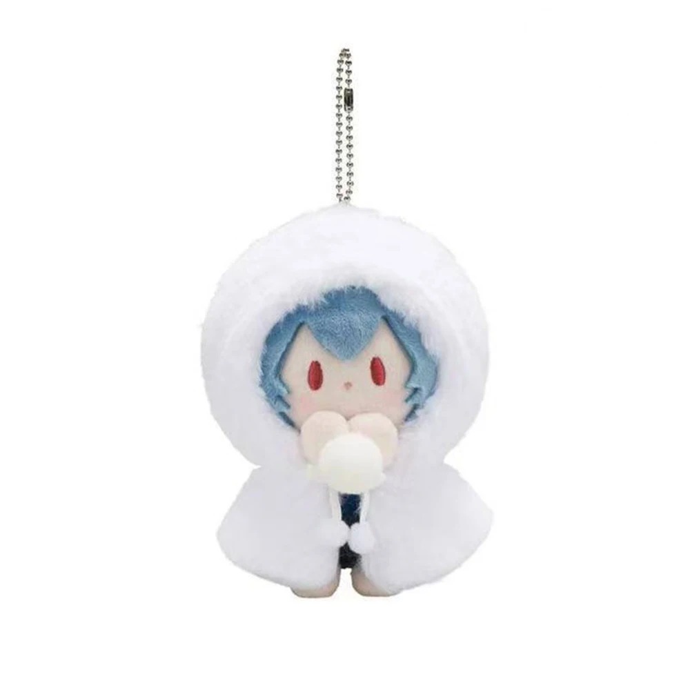 Pelúcia da Rei Ayanami, de Neon Genesis Evangelion, de capa branca com capuz e corrente de chaveiro