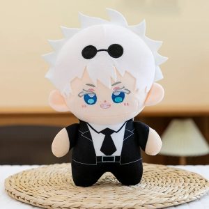 Satoru Gojo de Jujutsu Kaisen, de cabelo branco, óculos escuros na cabeça e terno preto com gravata