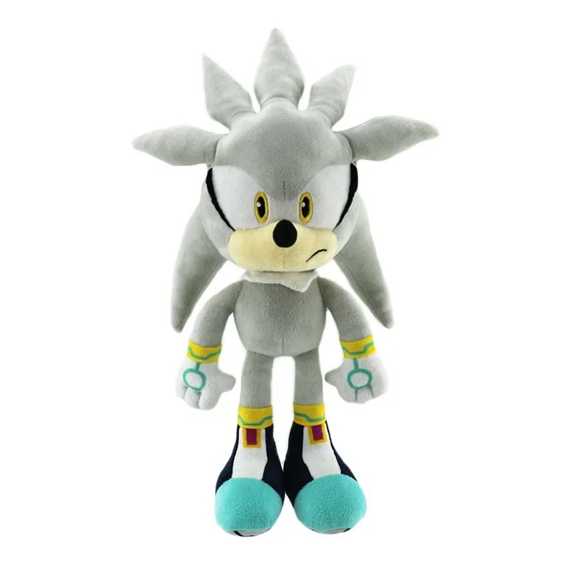 Segunda foto da pelúcia do Silver the Hedgehog, de pé, de frente