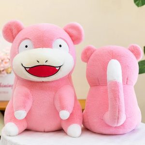 Slowpoke de pelúcia, de Pokémon, rosa, focinho branco, de frente e de costas, com a cauda