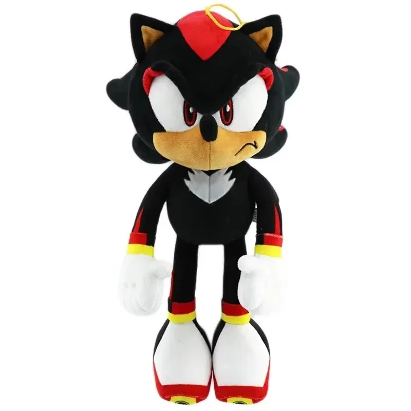 Pelúcia do Shadow, de Sonic the Hedgehog, em pé, preta, com detalhes e olhos vermelhos
