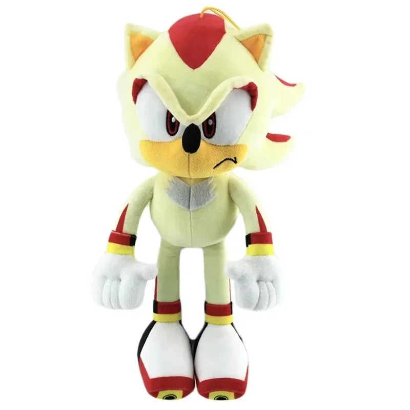 Pelúcia do Super Shadow, de Sonic the Hedgehog, em pé, amarelo-claro com detalhes vermelhos