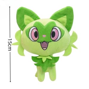 Sprigatito de pelúcia, de Pokémon, com 15 cm, de frente, rosto verde e folhas no pescoço