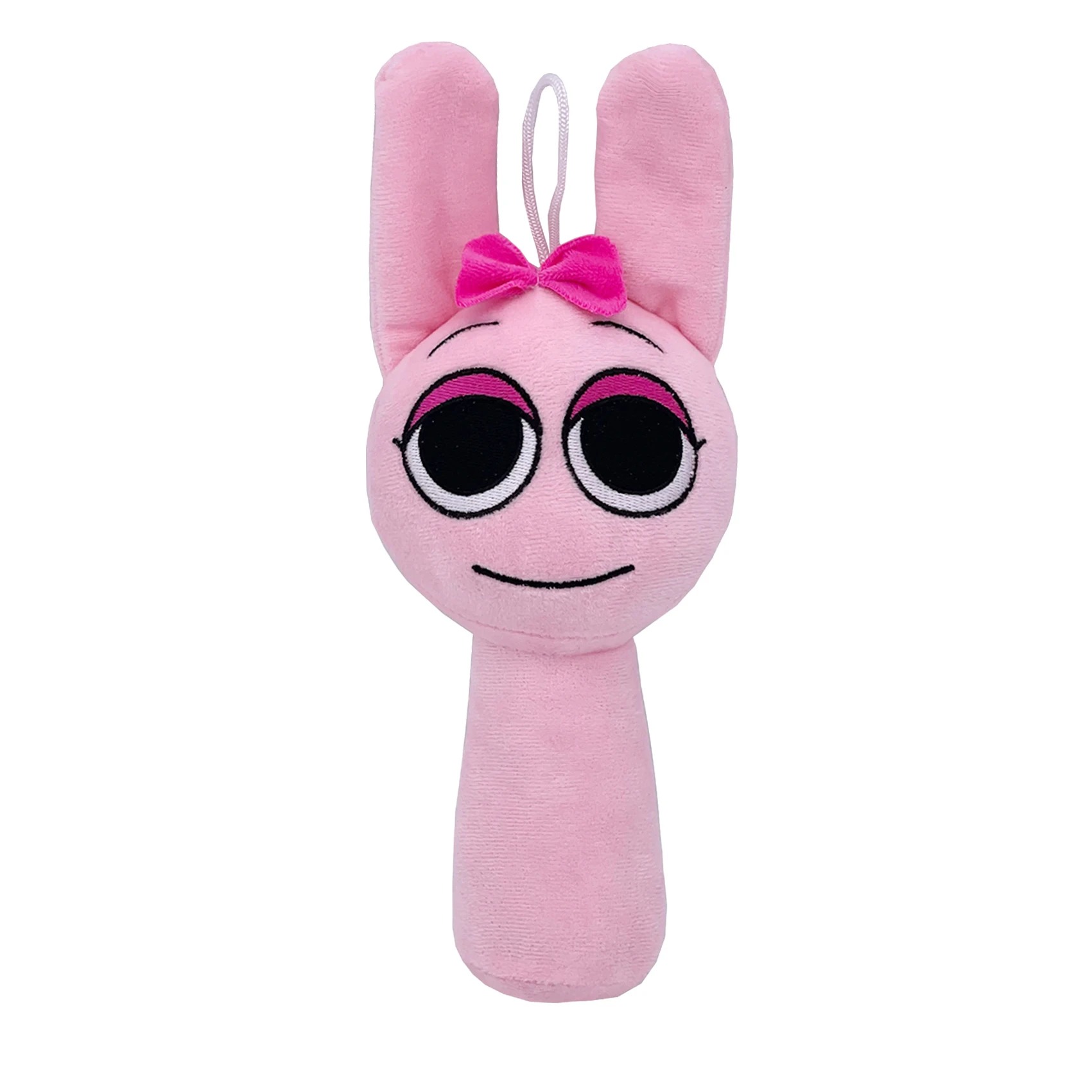 Pelúcia rosa de Sprunki com orelhas de coelho e laço, vista de frente