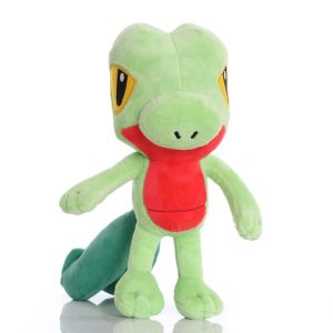 Treecko de Pokémon em pelúcia, de frente, verde com garganta vermelha e olhos amarelos