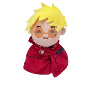 Pelúcia do Vash the Stampede, de Trigun, com cabelo loiro, óculos redondos e capa vermelha
