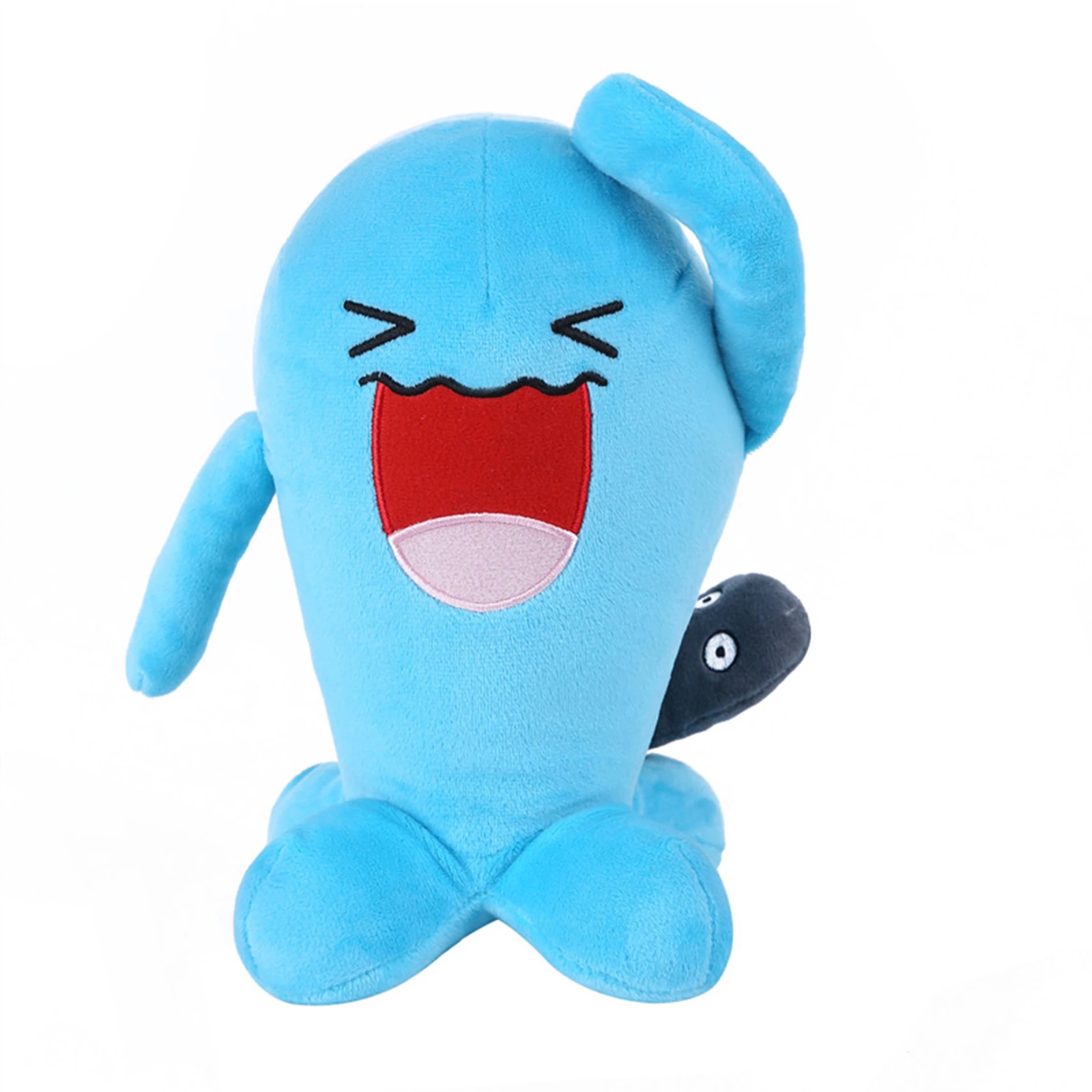 Wobbuffet de pelúcia, de Pokémon, com 20 cm, azul, boca aberta e rosto sorridente, fundo branco