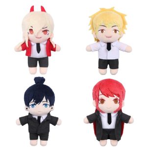Pelúcias de Chainsaw Man: Power, Denji, Aki e Makima, de terno e camisa branca