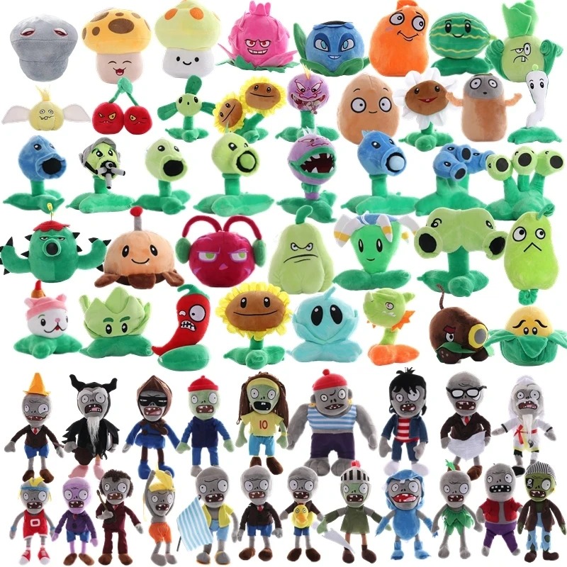 Coleção de pelúcias de Plants vs. Zombies com muitas plantas e zumbis coloridos