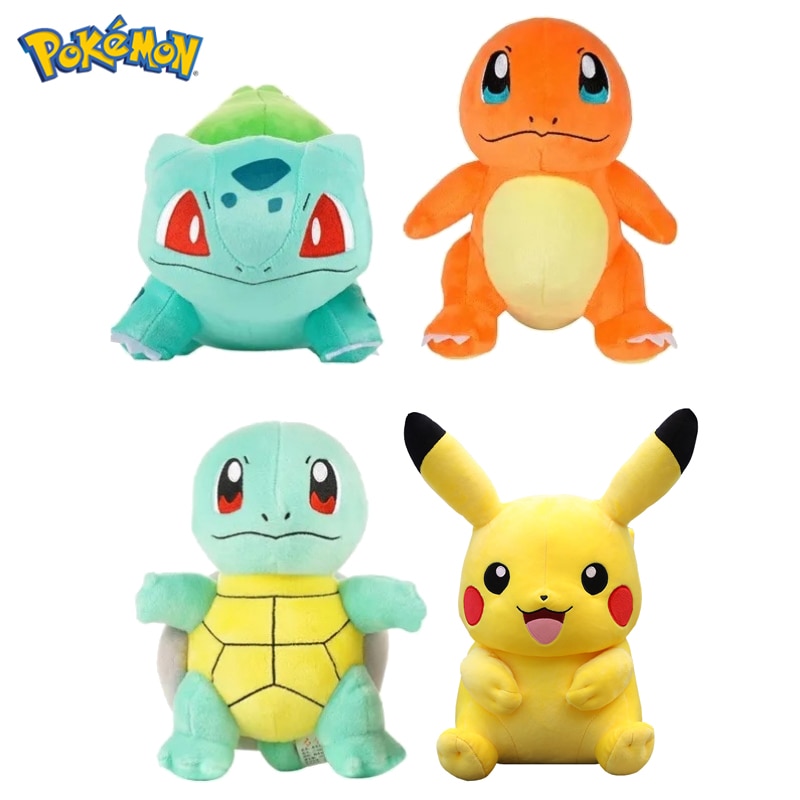 Pelúcias de Pokémon: Bulbasaur, Charmander, Squirtle e Pikachu
