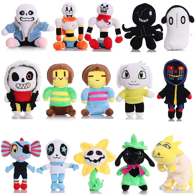 Pelúcias de Undertale reunindo Sans, Papyrus, Frisk, Chara, Flowey e outros monstros