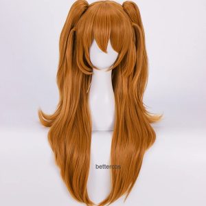 Peruca laranja longa da Asuka Langley, de Evangelion, com as duas presilhas de rabo de cavalo, de frente