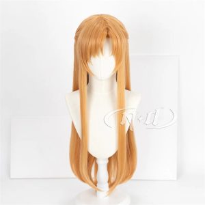 Peruca da Asuna Yuuki de frente: cabelo longo castanho claro com franja e trança