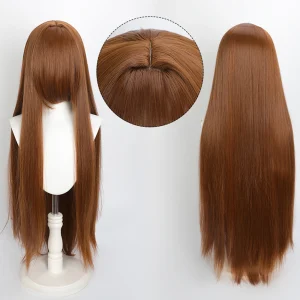 Peruca castanho-escura lisa de 80 cm com franja