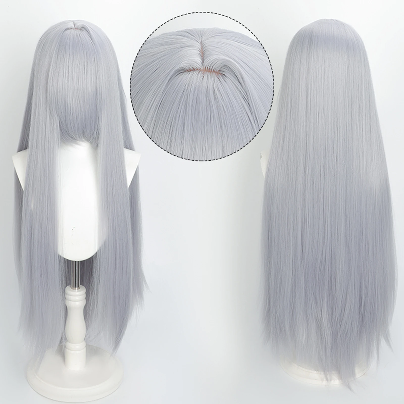 Peruca cinza prateada lisa de 80 cm com franja