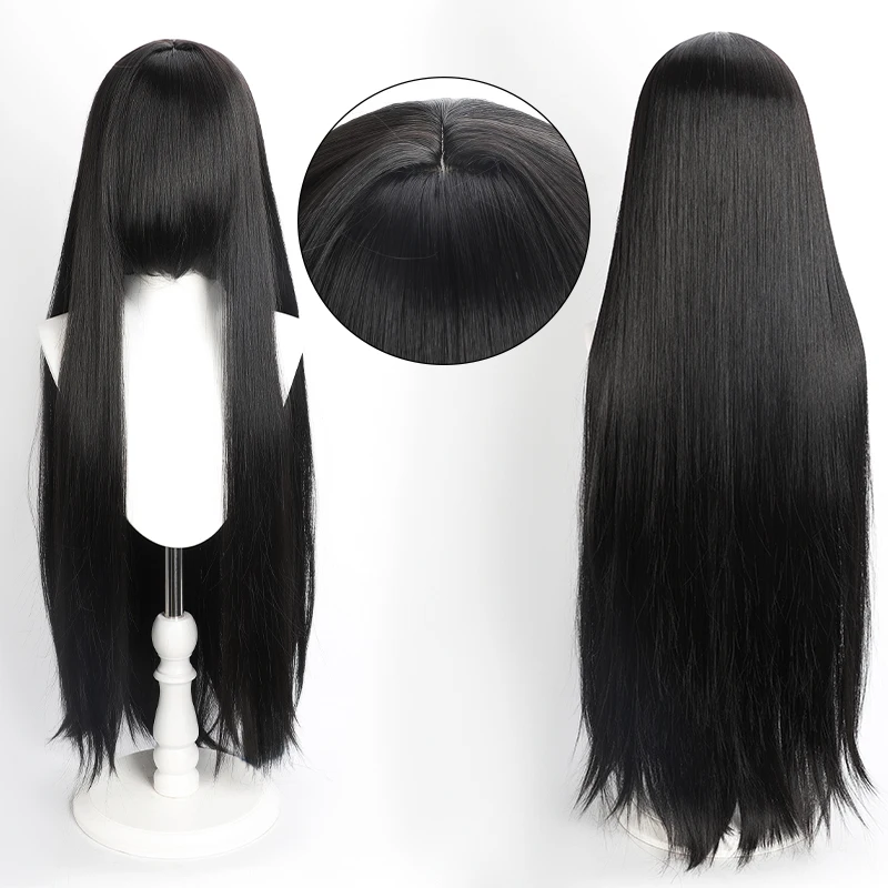Peruca preta lisa de 80 cm com franja
