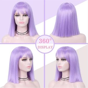 Peruca chanel bob lilás com franja num manequim, vistas de frente, lado e trás em 360 graus