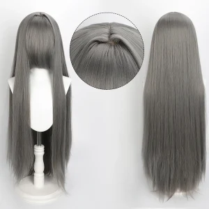 Peruca cinza-escura lisa de 80 cm com franja