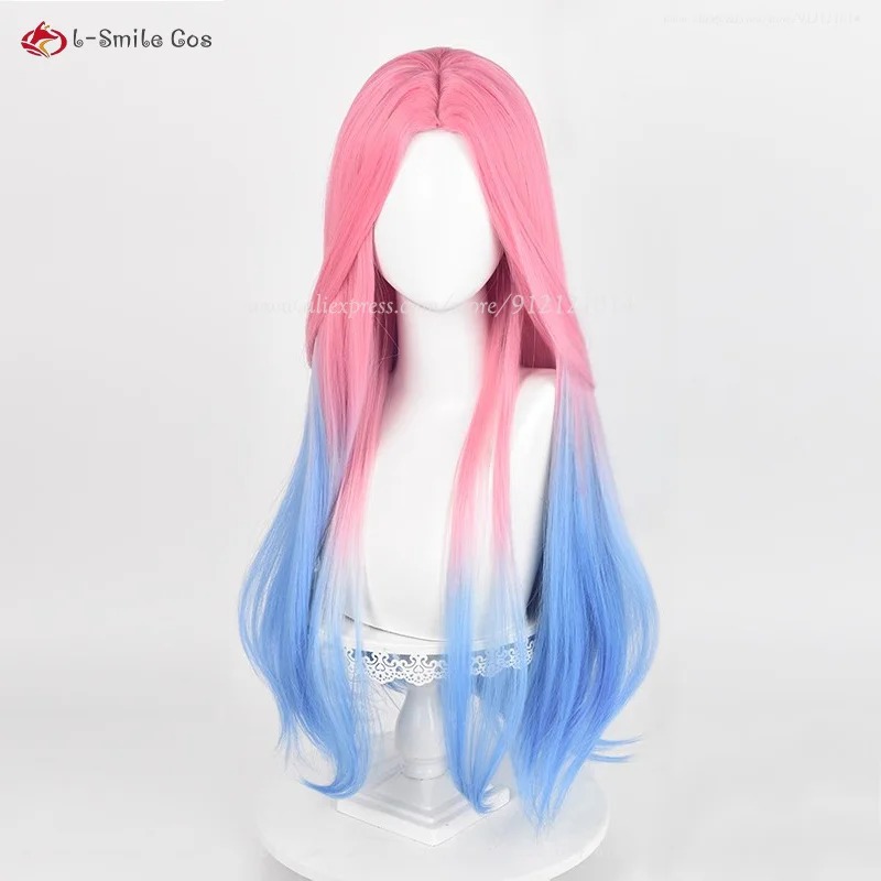 Peruca longa rosa e azul com risca no meio e pontas onduladas, de frente