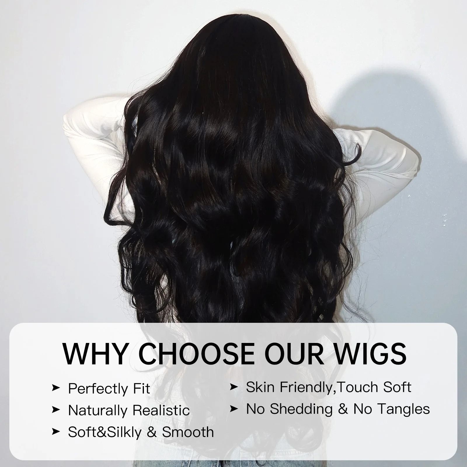 Costas da peruca preta longa, com ondas volumosas até a cintura