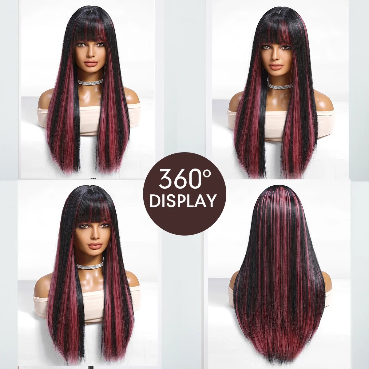 Peruca preta longa com mechas vinho e franja reta, em quatro ângulos no manequim