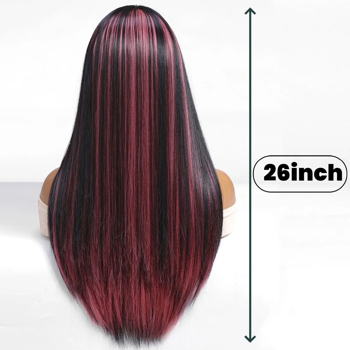 Costas da peruca preta com mechas vinho, de 26 polegadas de comprimento