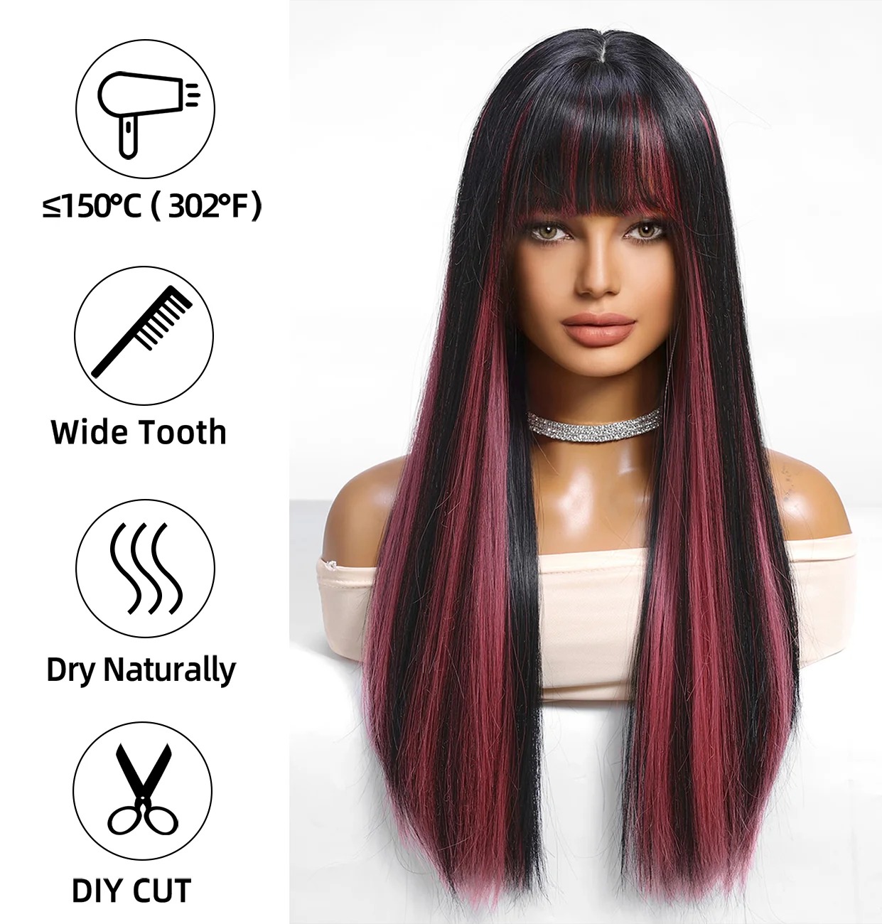 Peruca preta lisa com mechas vinho e franja reta, de frente em modelo