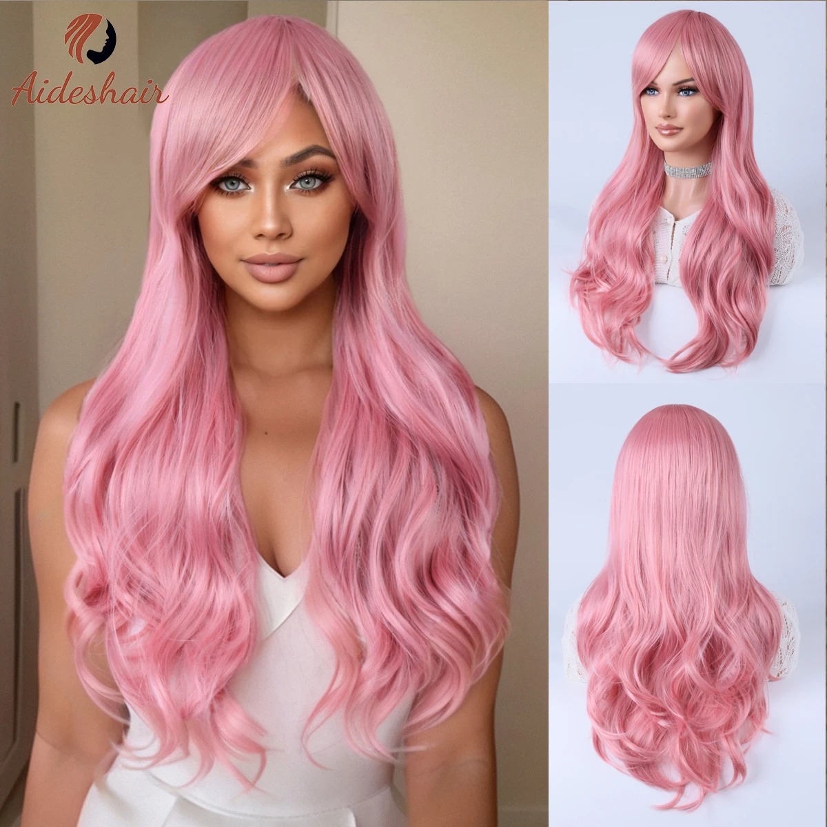 Modelo usando a peruca rosa ondulada com franja lateral, de frente e de costas
