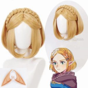 Peruca loira curta da Princesa Zelda, de Breath of the Wild, com trança em coroa e orelhas de elfa